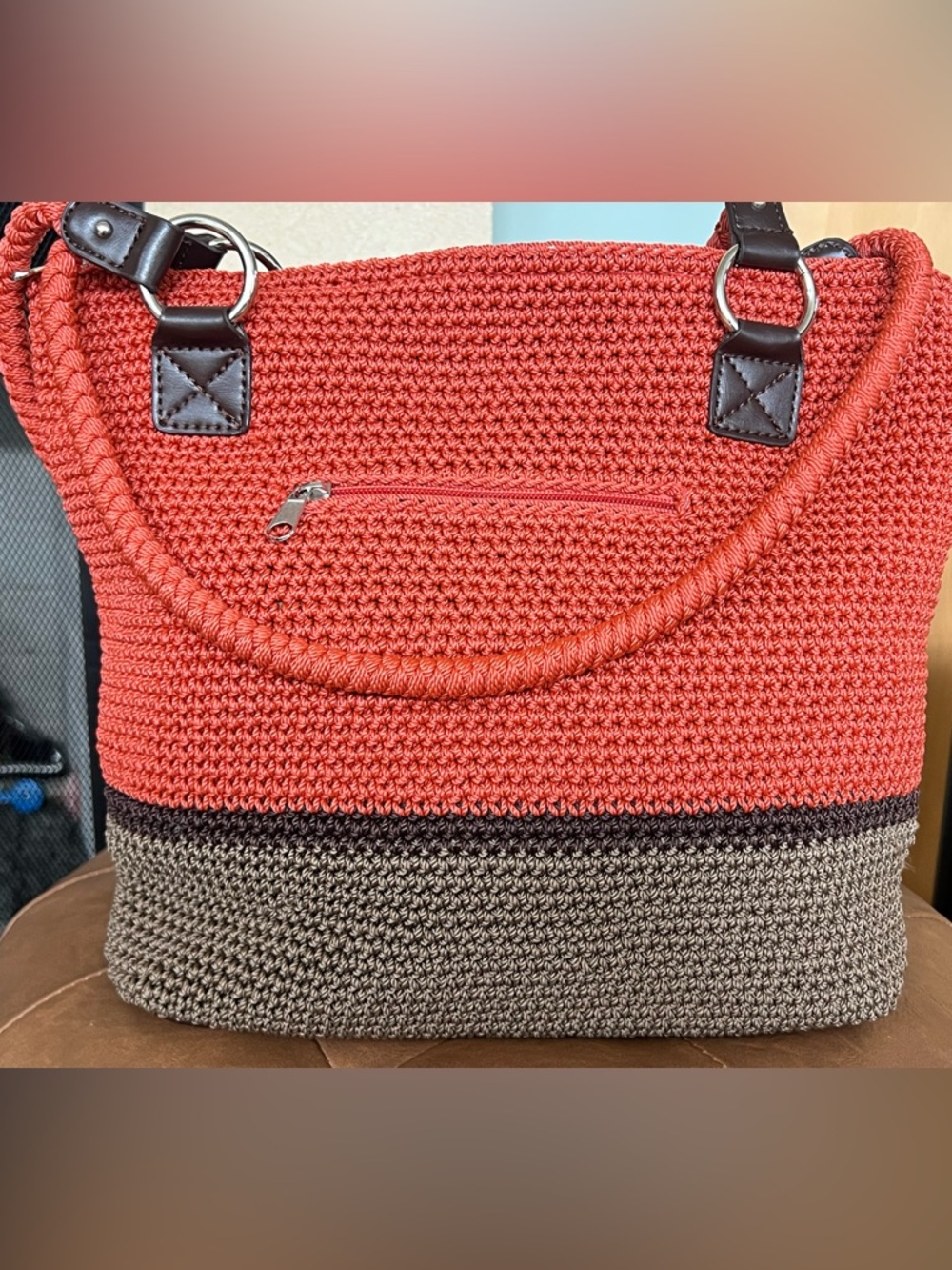 Croft & Barrow Color-Block Crochet Coral Taupe Boho Hobo Shoulder Bag - Picture 3 of 9